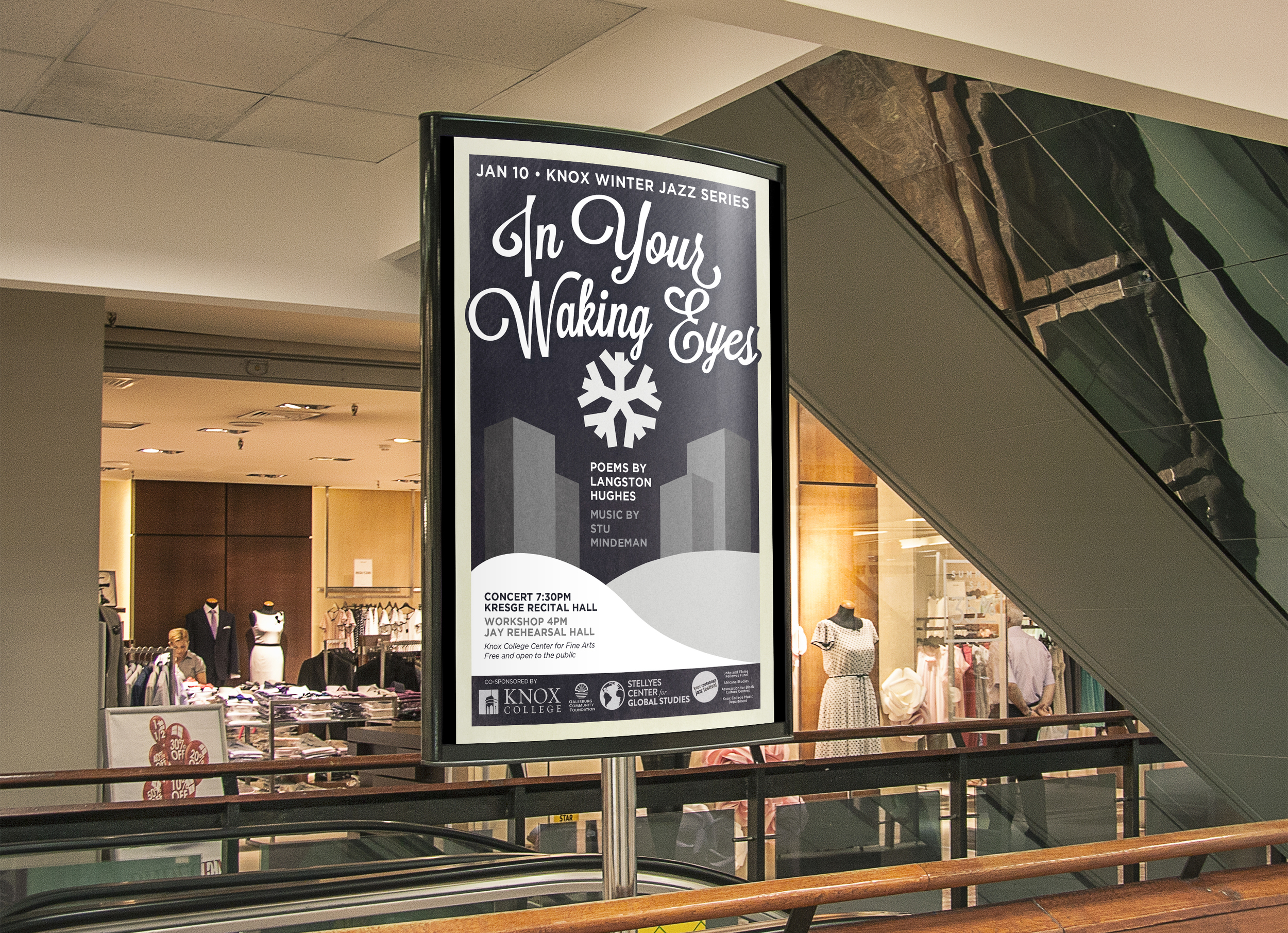 Concert poster mockup which offers a large poster space with metal support in a setting that can be used for concerts, cinemas, . In Your Waking Eyes Griffin Belzer Design