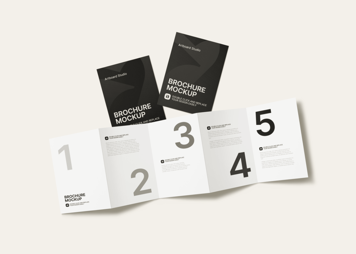 Free mockup to give a boost to your designer life. 4 Fold Brochure Mockup Scene
